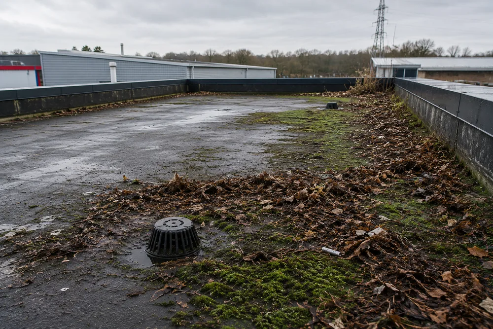 Leaves and moss around an outlet on a flat roof