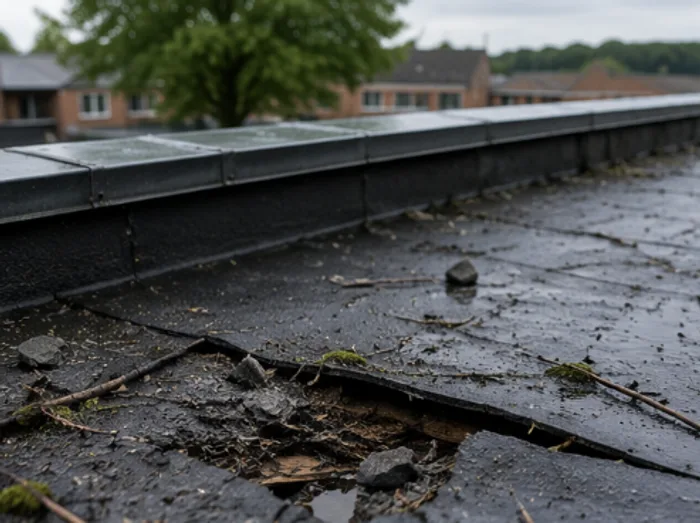 Weathered flat roof covering with surface debris