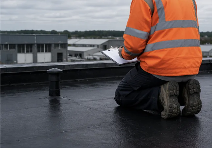 Roofing worker inspecting a flat roof